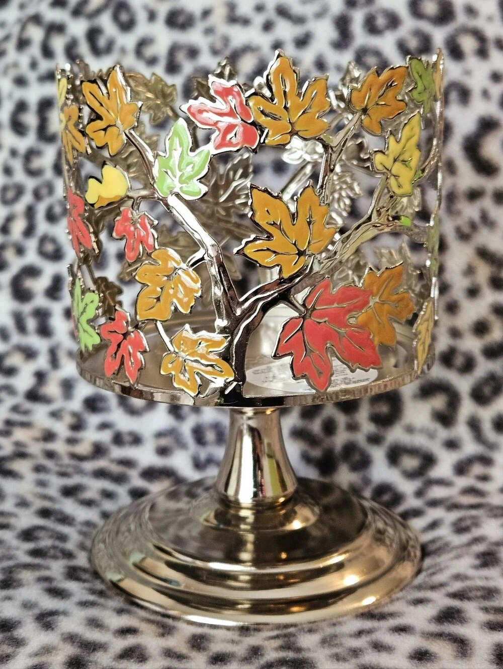 Bath & Body Works Gold Autumn Fall Maple Leaves 3-Wick Candle Pedestal Holder